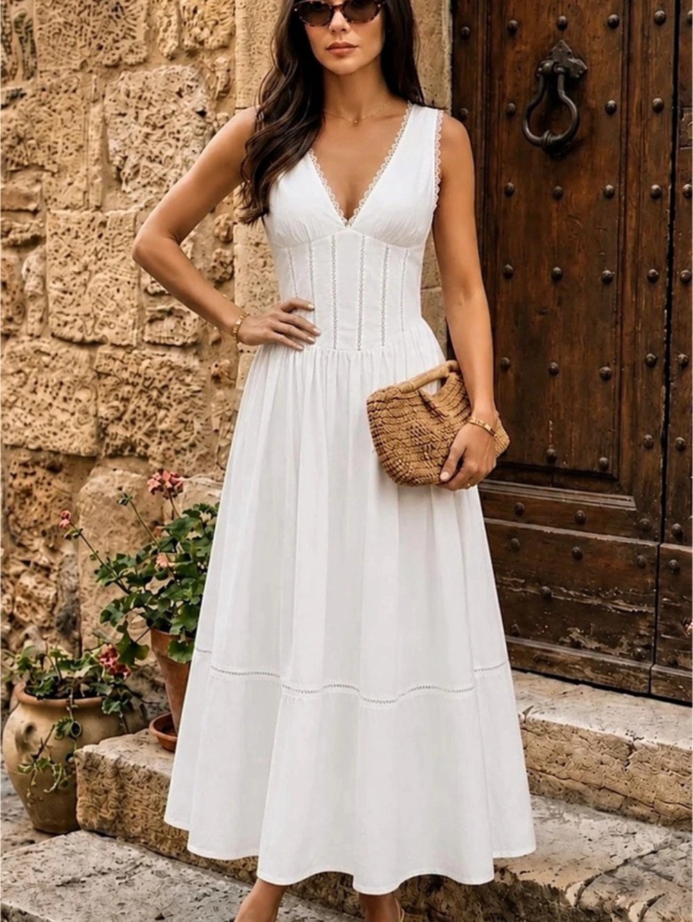 Commense Lace Trim V-Neck Corset Midi Dress White Smll